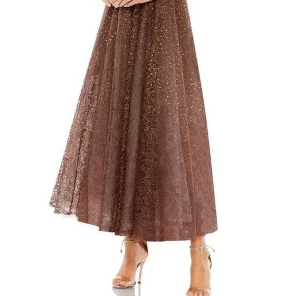 Mac Duggal Chocolate Brown Copper Beaded Floral Cap Sleeve Gown - Picture 2 of 5